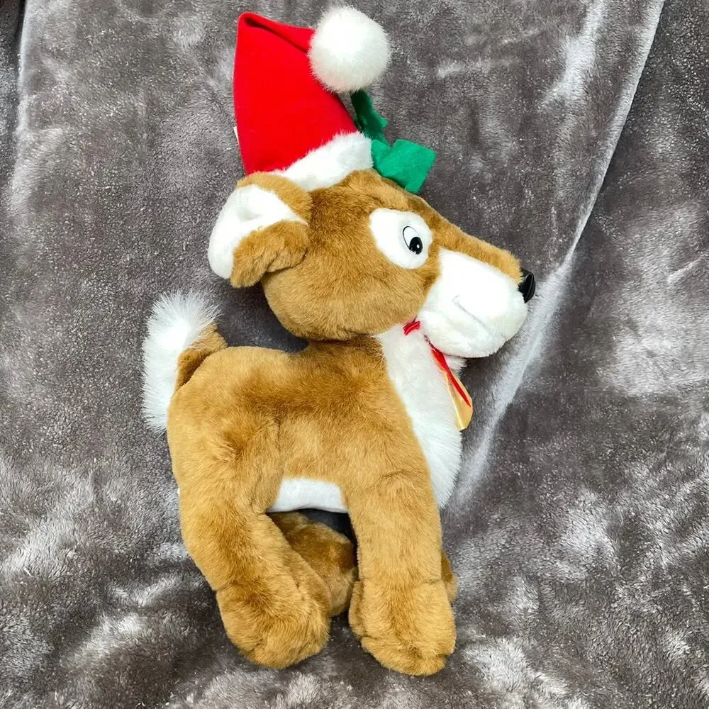 Vintage Reindeer Plush Christmas Stuffed Animal Wearing Santa Hat Toy TAGS